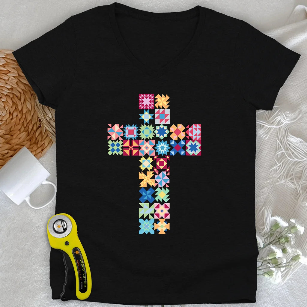 Patchwork Faith Cross Lady V-neck