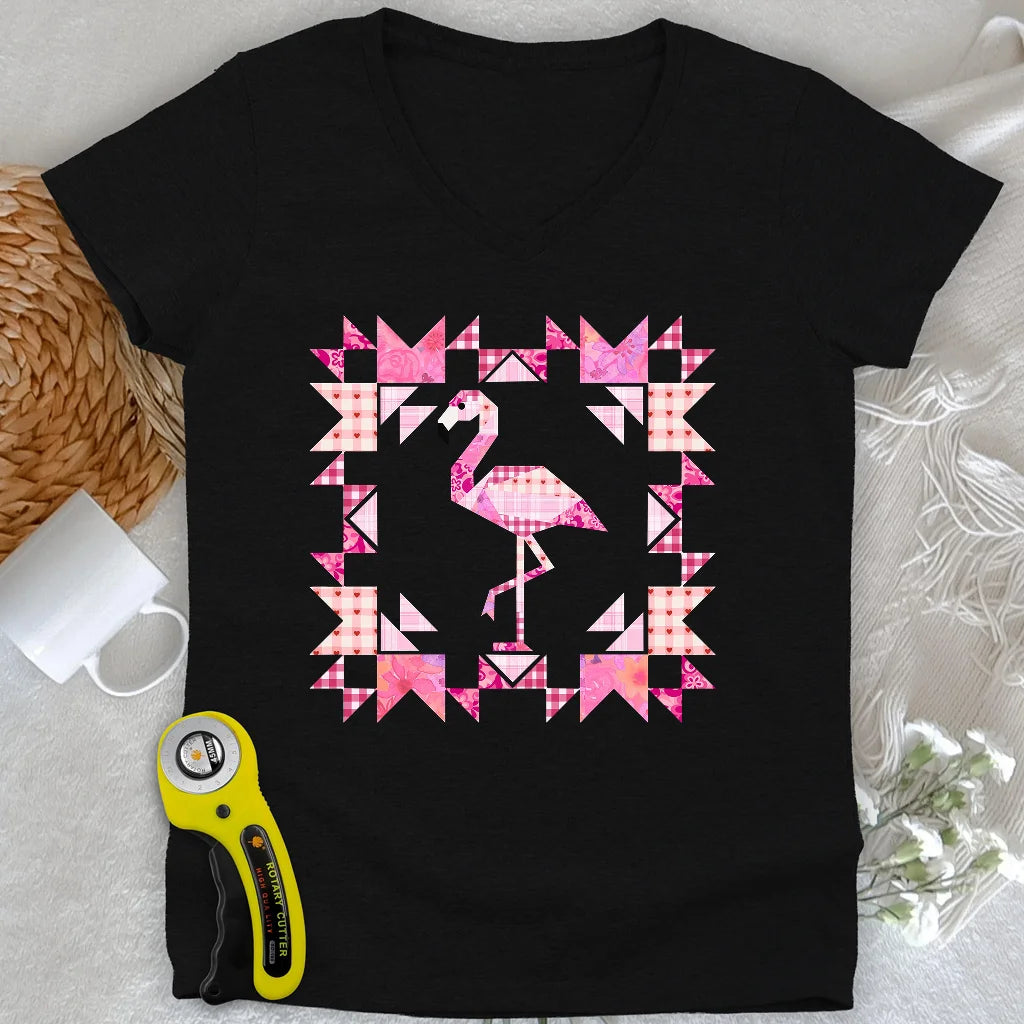 Patchwork Flamingo Panel Damen V-Ausschnitt