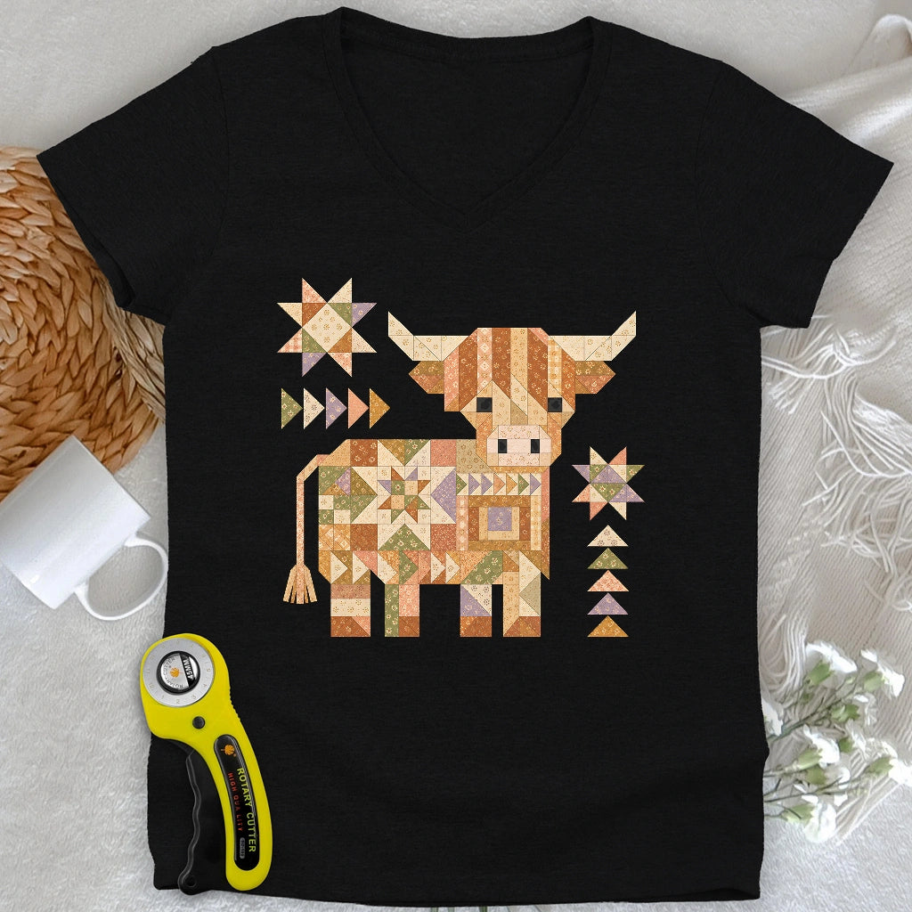 Patchwork Highland Cow Lady V-neck