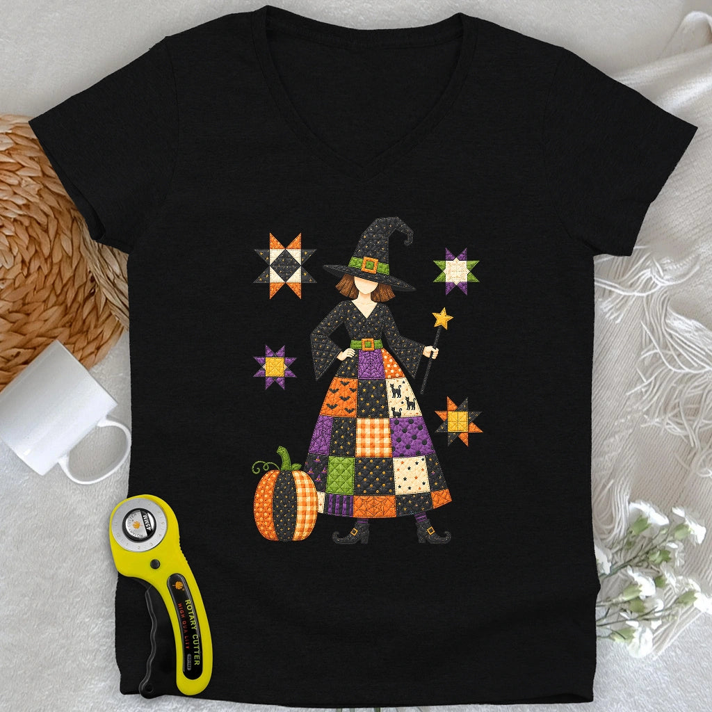 Patchwork Quilt Witch Lady V-neck