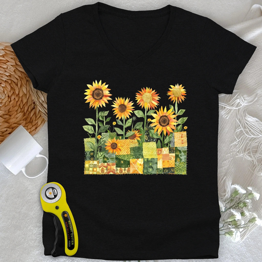 Quilted Sunflower Field Lady V-neck