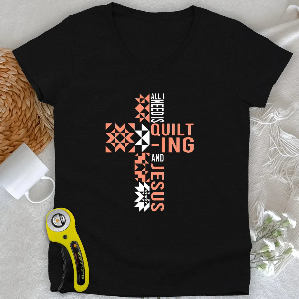 T-shirt col en V « Quilting et Jésus » pour femme