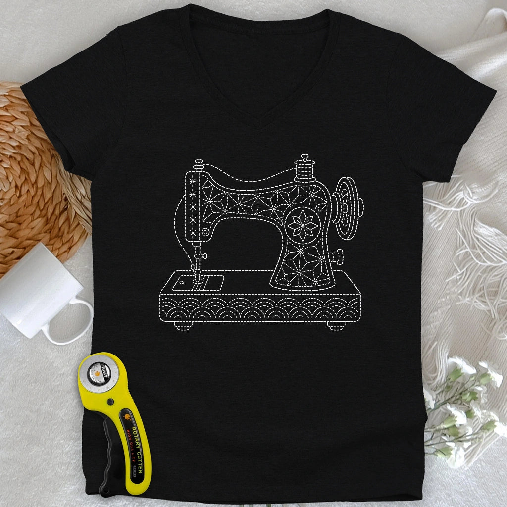 Sashiko Sewing Machine Lady V-neck