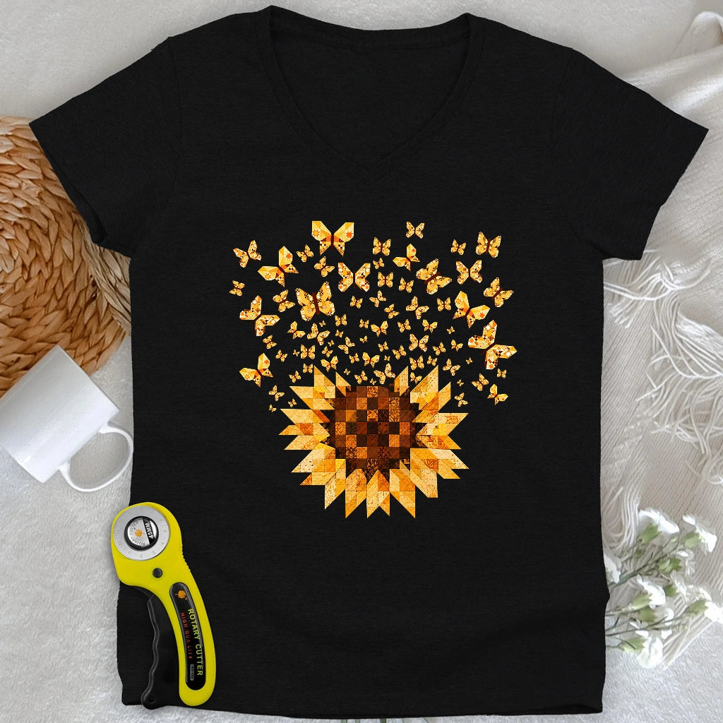 Sunflower Magic Quilt Bloom Lady V-neck