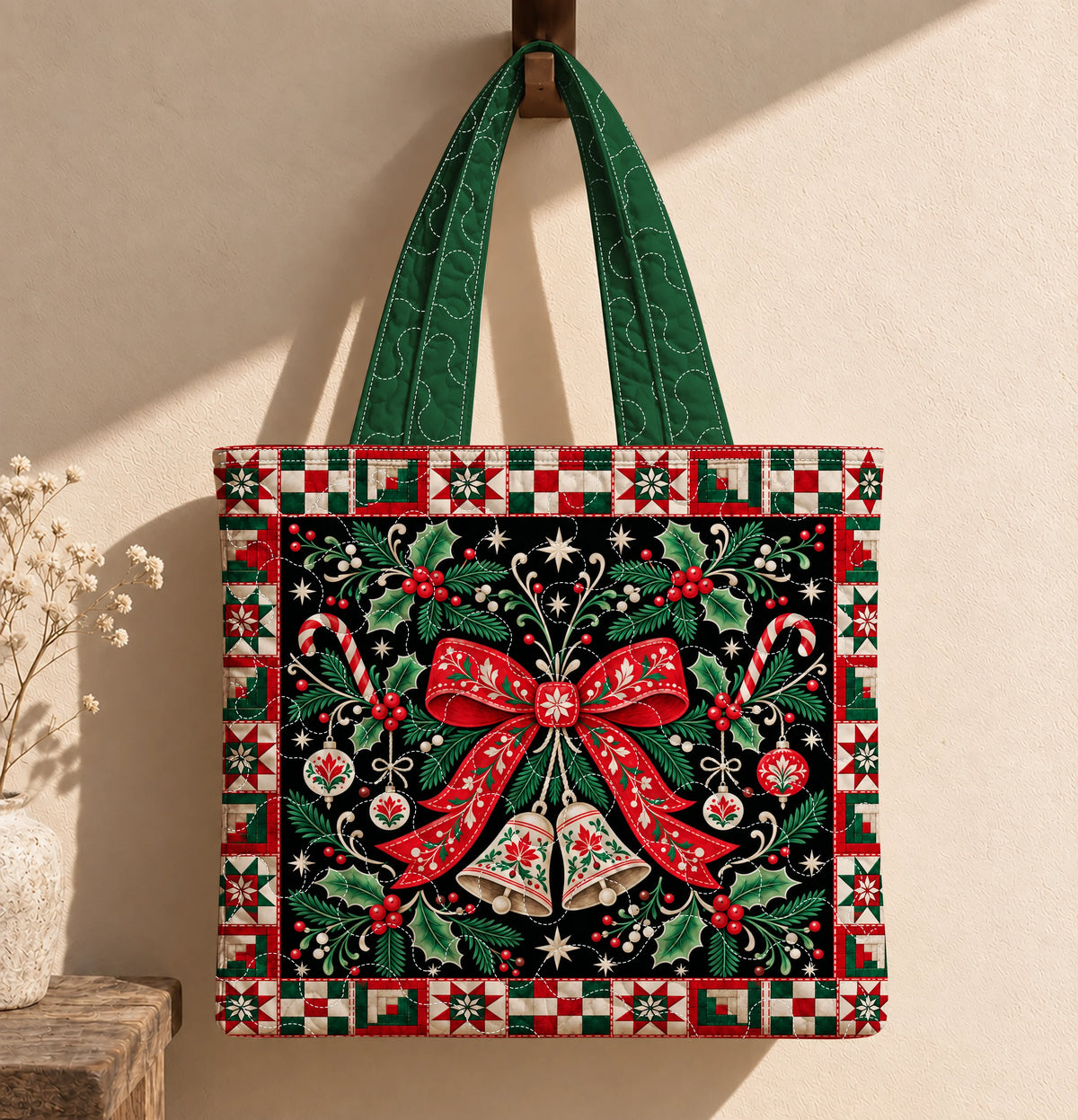 Christmas Bells & Bow Quilted Tote Bag