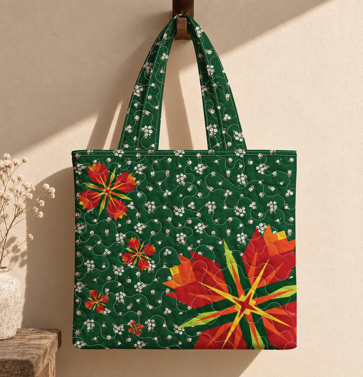 Christmas Poinsettia Quilted Tote Bag