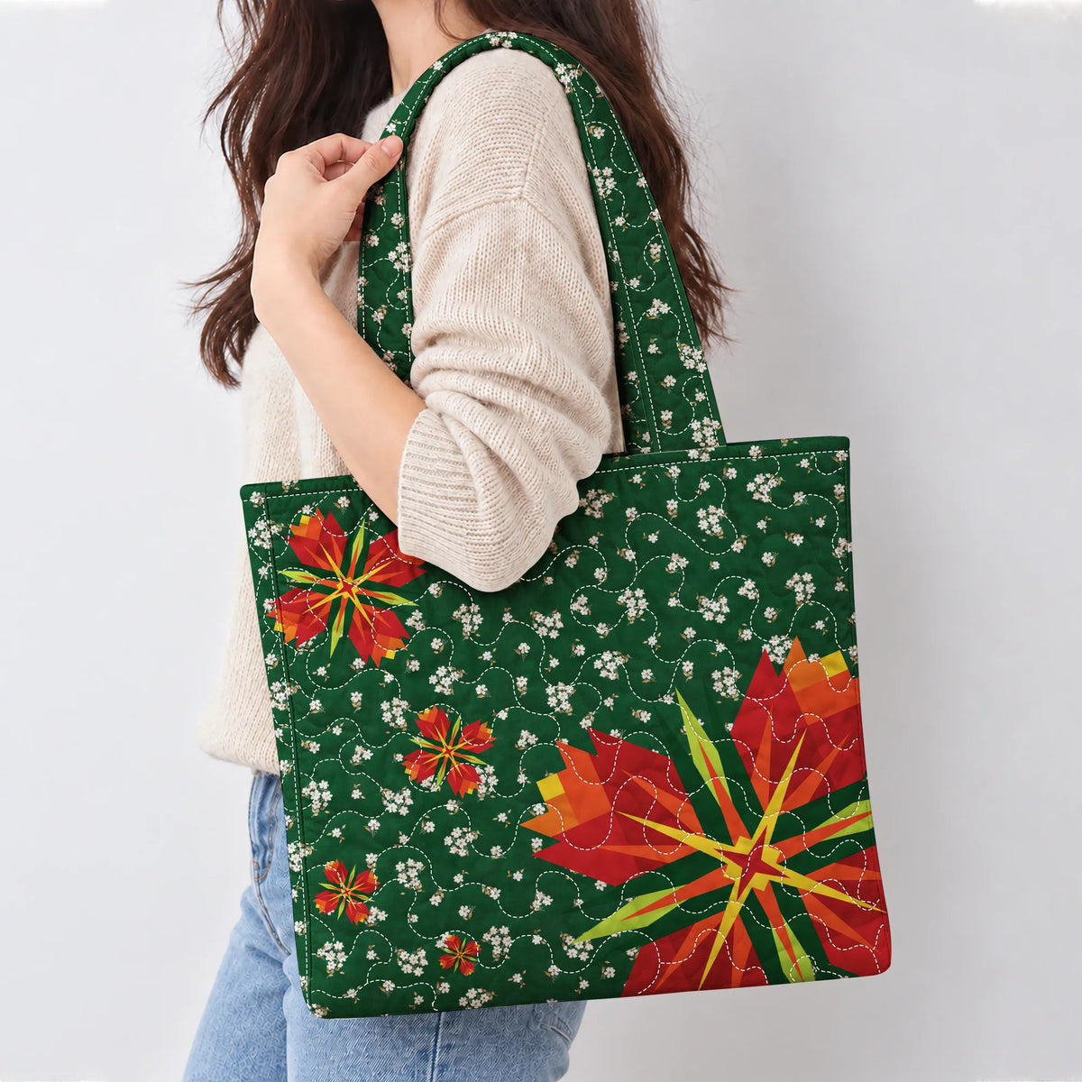 Christmas Poinsettia Quilted Tote Bag
