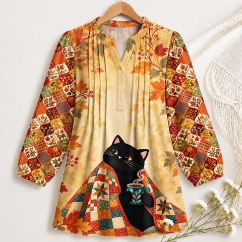 Cozy Autumn Quilt Cat Blouse