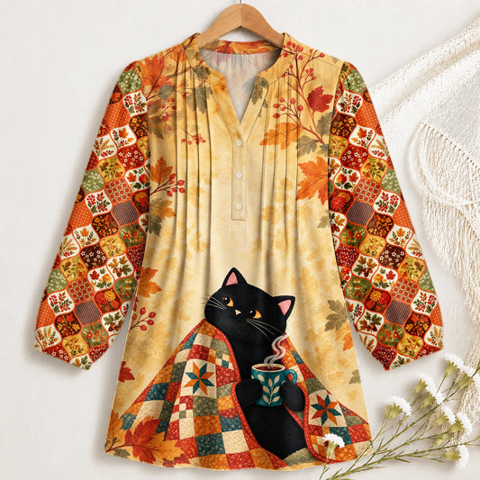 Cozy Autumn Quilt Cat Blouse