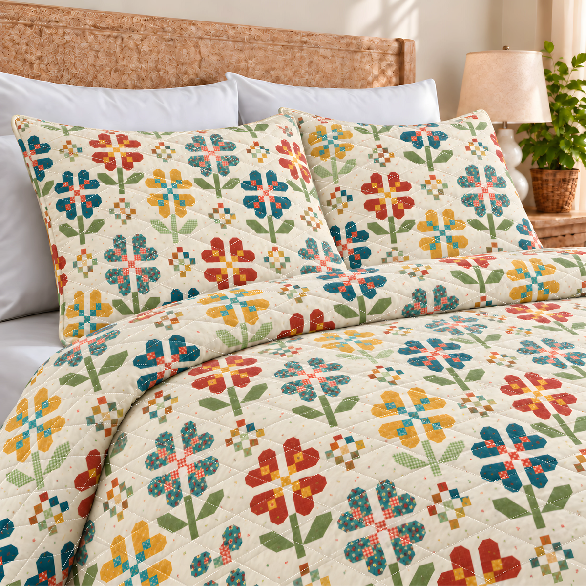 Flower Pattern Quilted Bedding Set