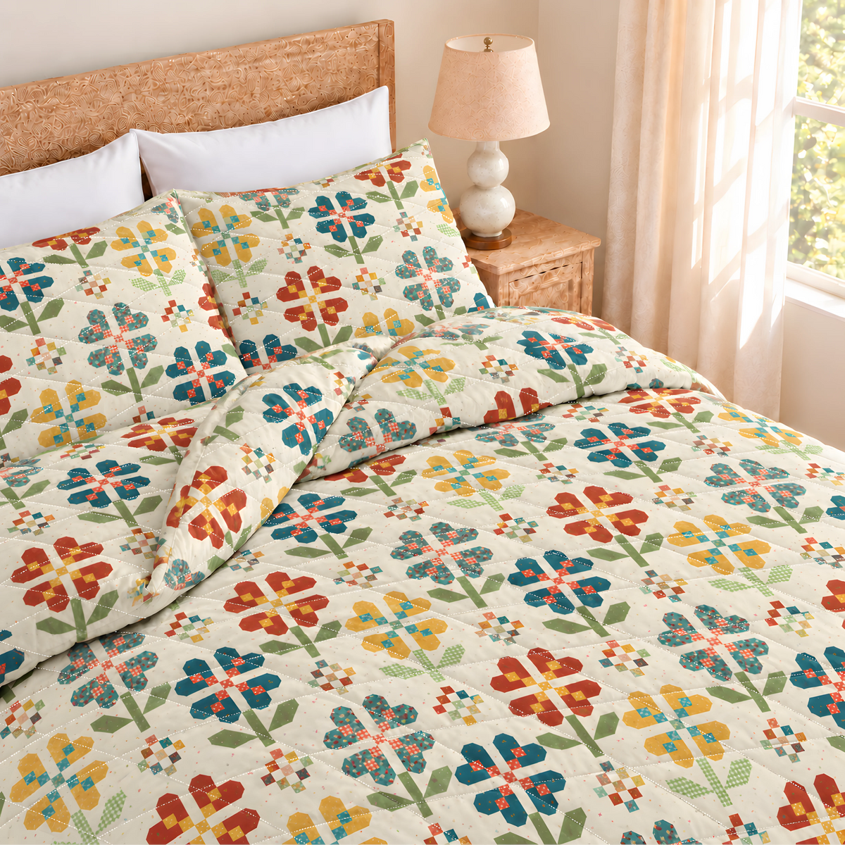 Flower Pattern Quilted Bedding Set