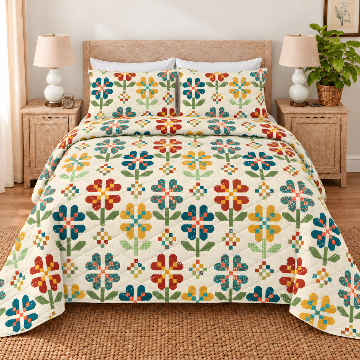 Flower Pattern Quilted Bedding Set