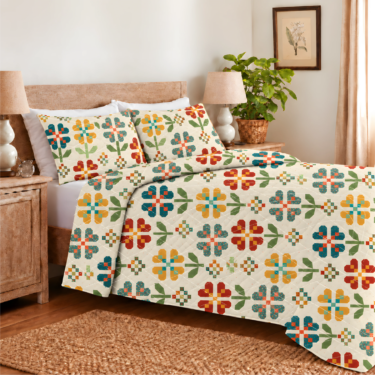 Flower Pattern Quilted Bedding Set