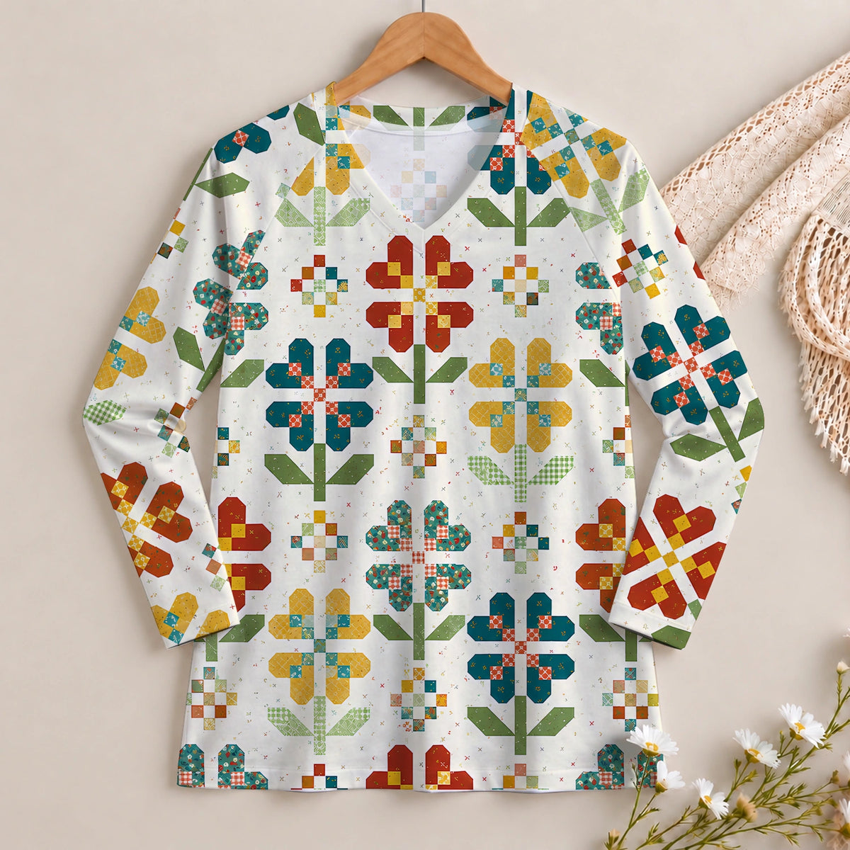 Flower Pattern Long Sleeve V-neck