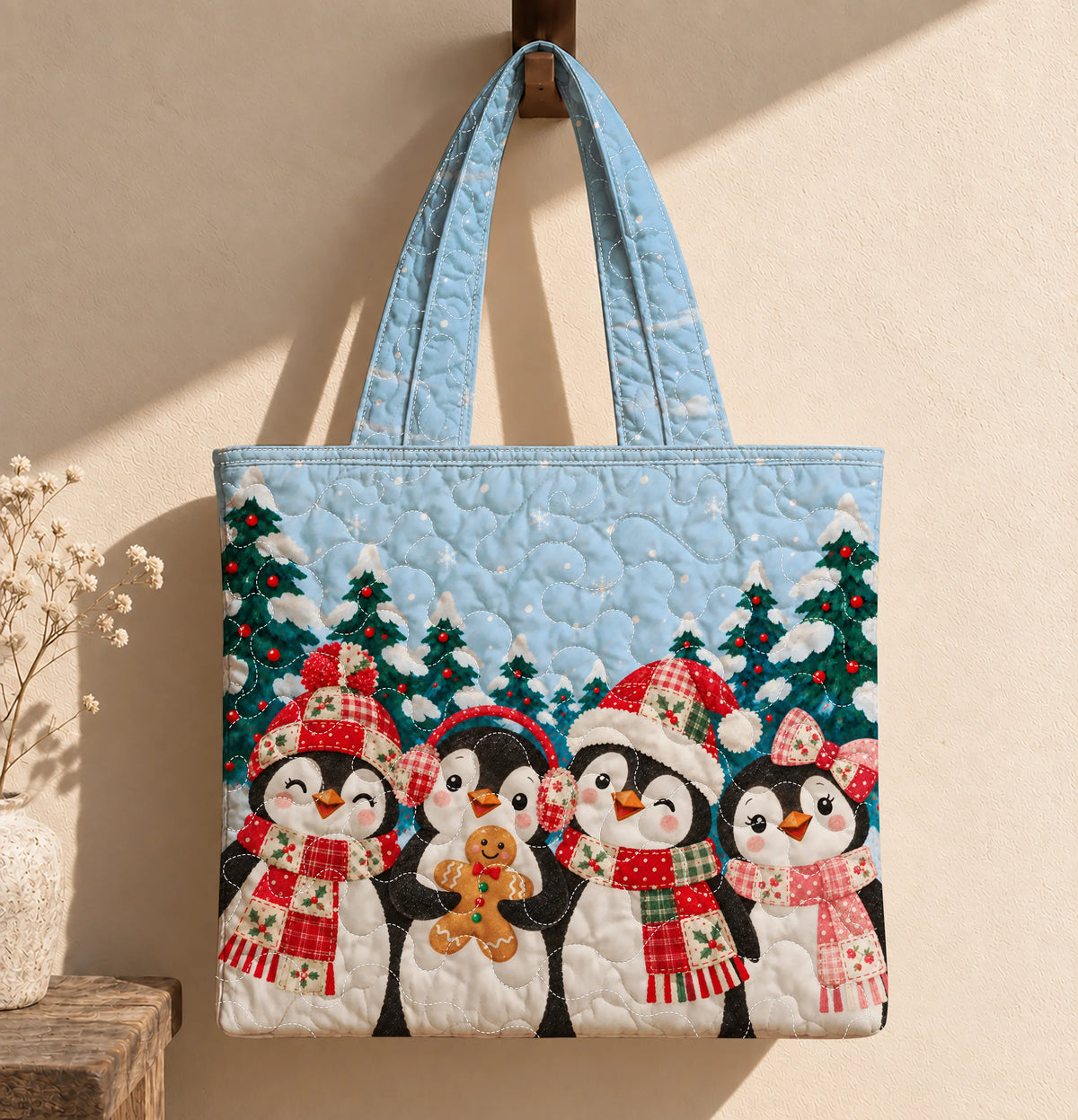 Merry Penguin Friends Quilted Tote Bag