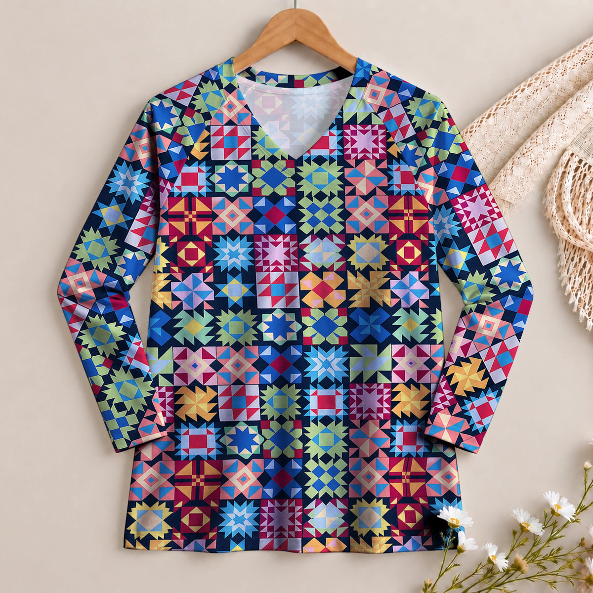 Patchwork Celebration Long Sleeve V-neck