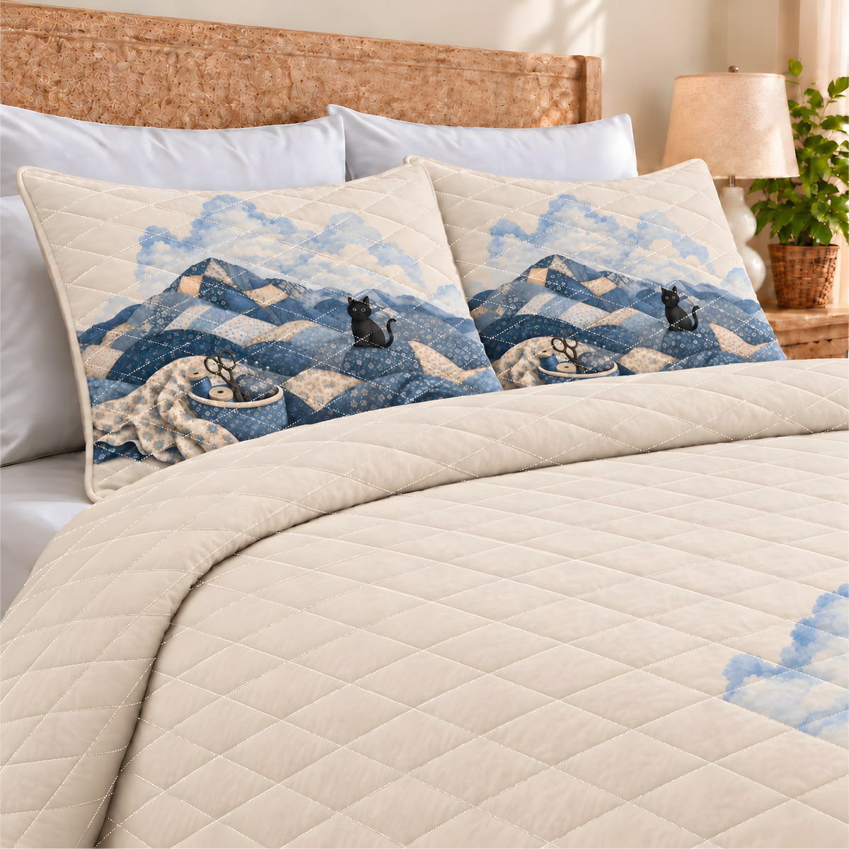 Patchwork Moutain Cat Quilted Bedding Set