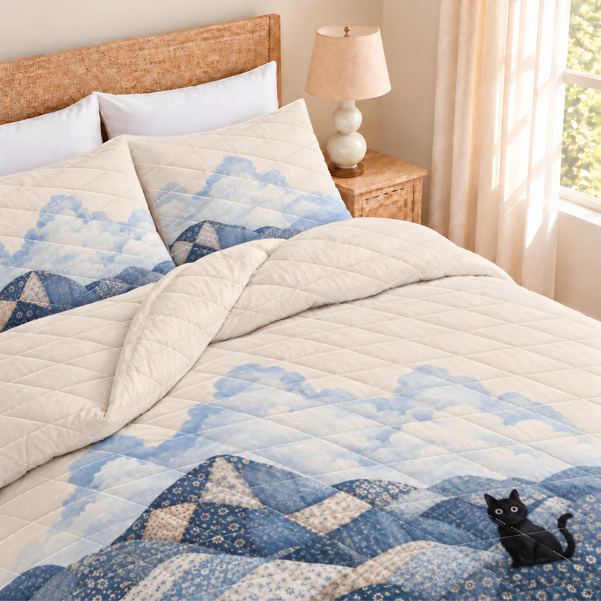 Patchwork Moutain Cat Quilted Bedding Set