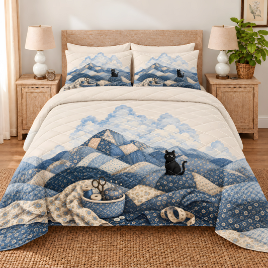 Patchwork Moutain Cat Quilted Bedding Set