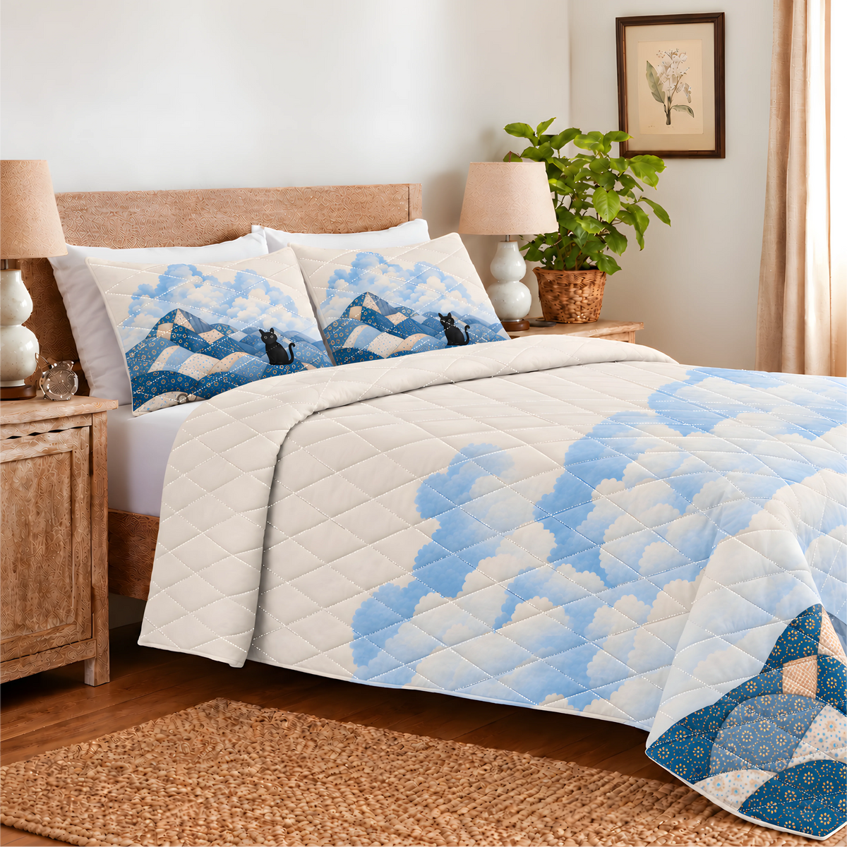 Patchwork Moutain Cat Quilted Bedding Set