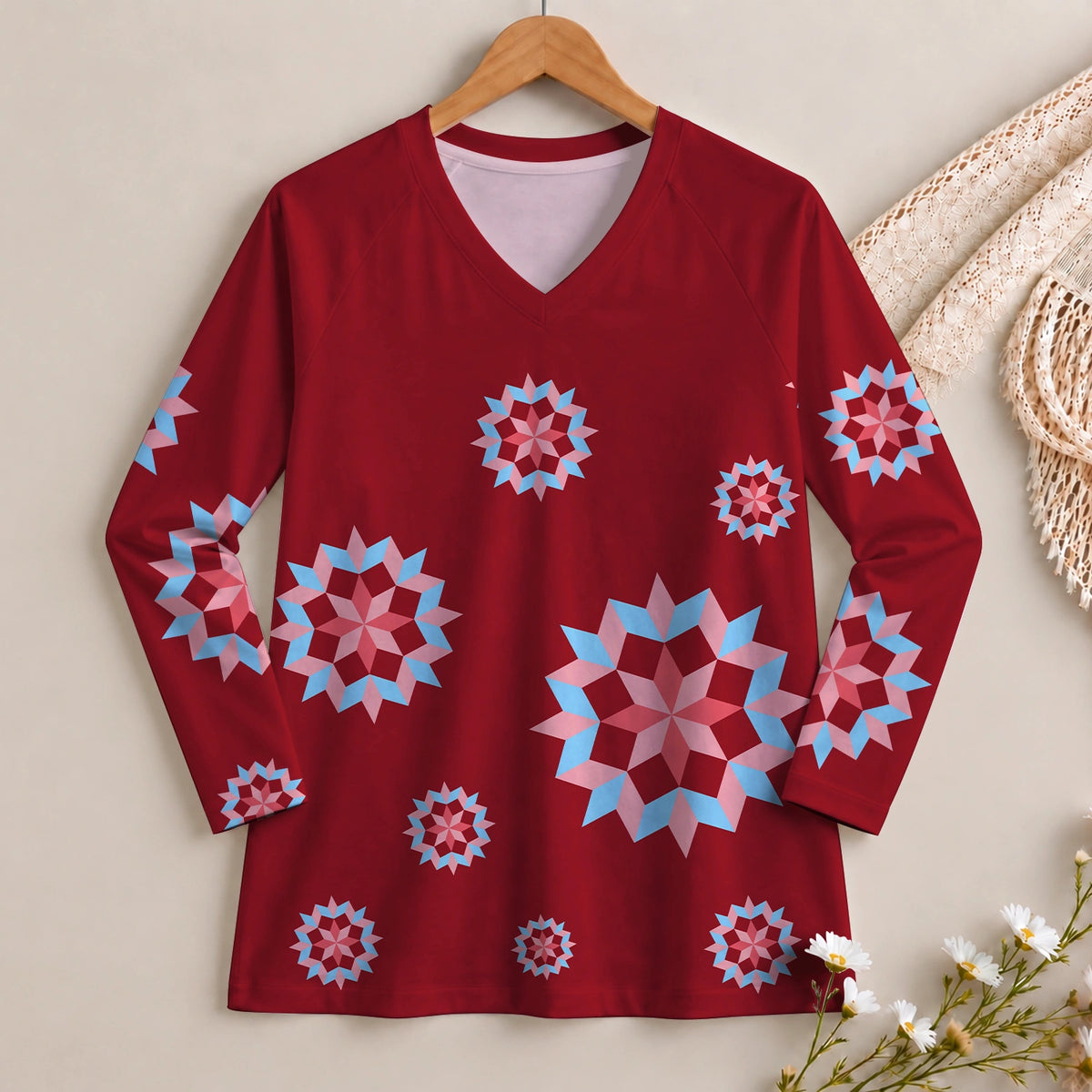 Patchwork Starburst Long Sleeve V-neck