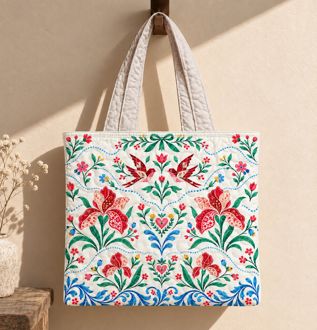 Patchwork Swallows & Iris Quilted Tote Bag