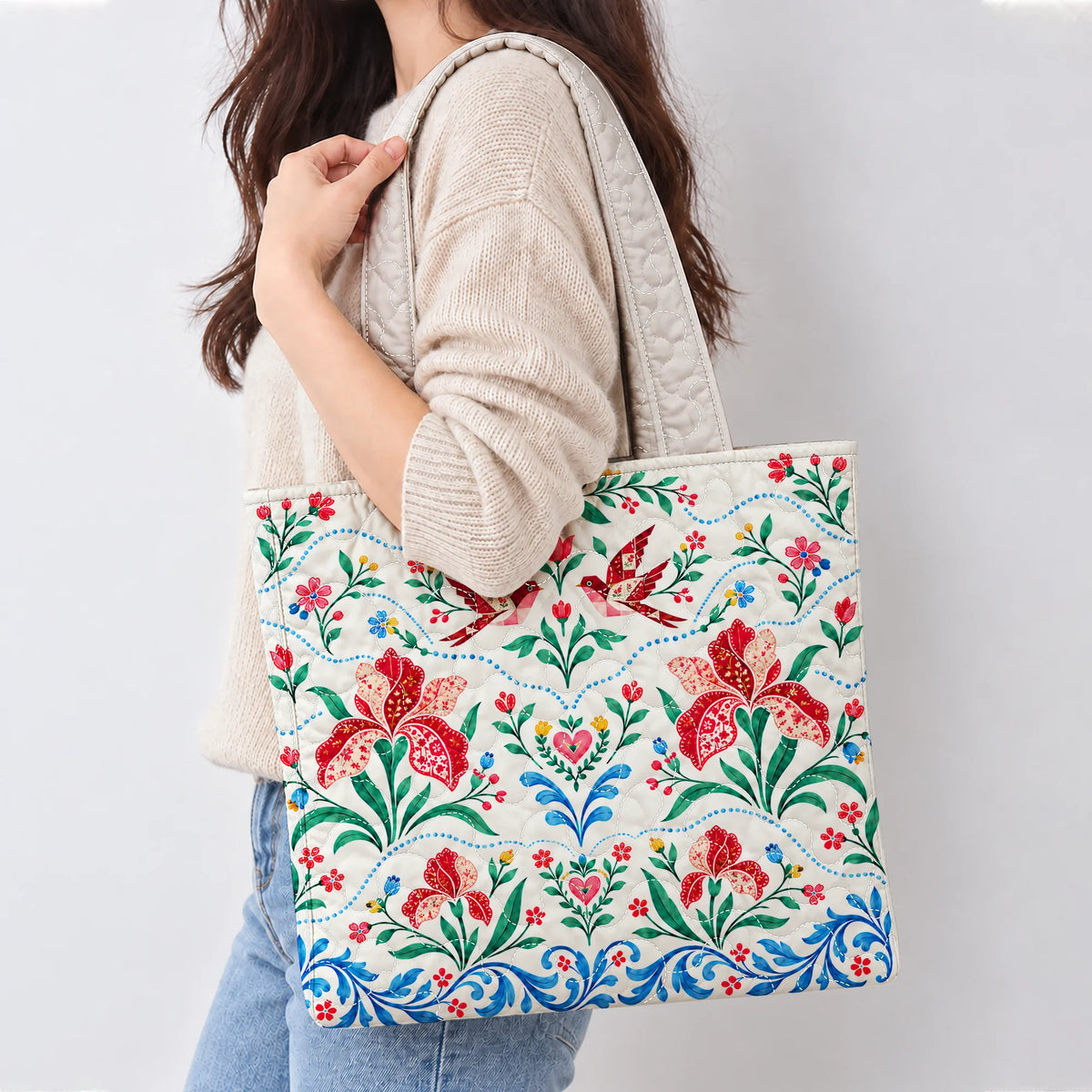 Patchwork Swallows & Iris Quilted Tote Bag