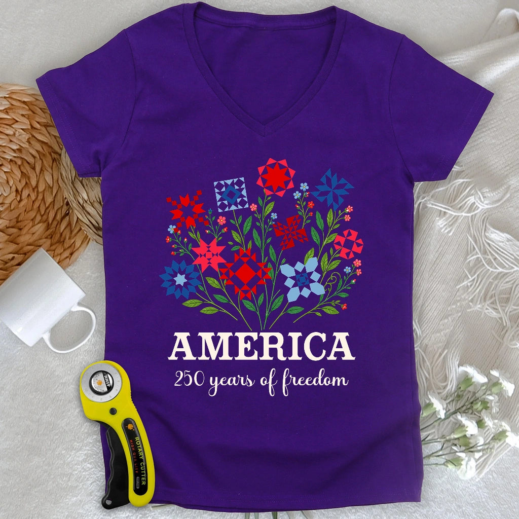 Americana Quilt Blooms Lady V-neck