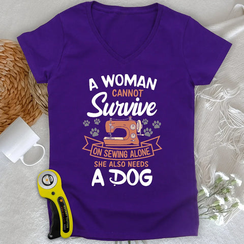 Can’t Sew Without My Dog Lady V-neck