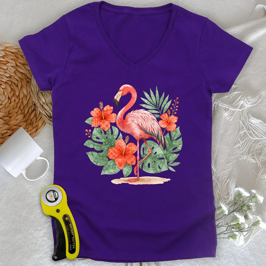 Flamingo- & Blumen-Patchwork-Damen-V-Ausschnitt
