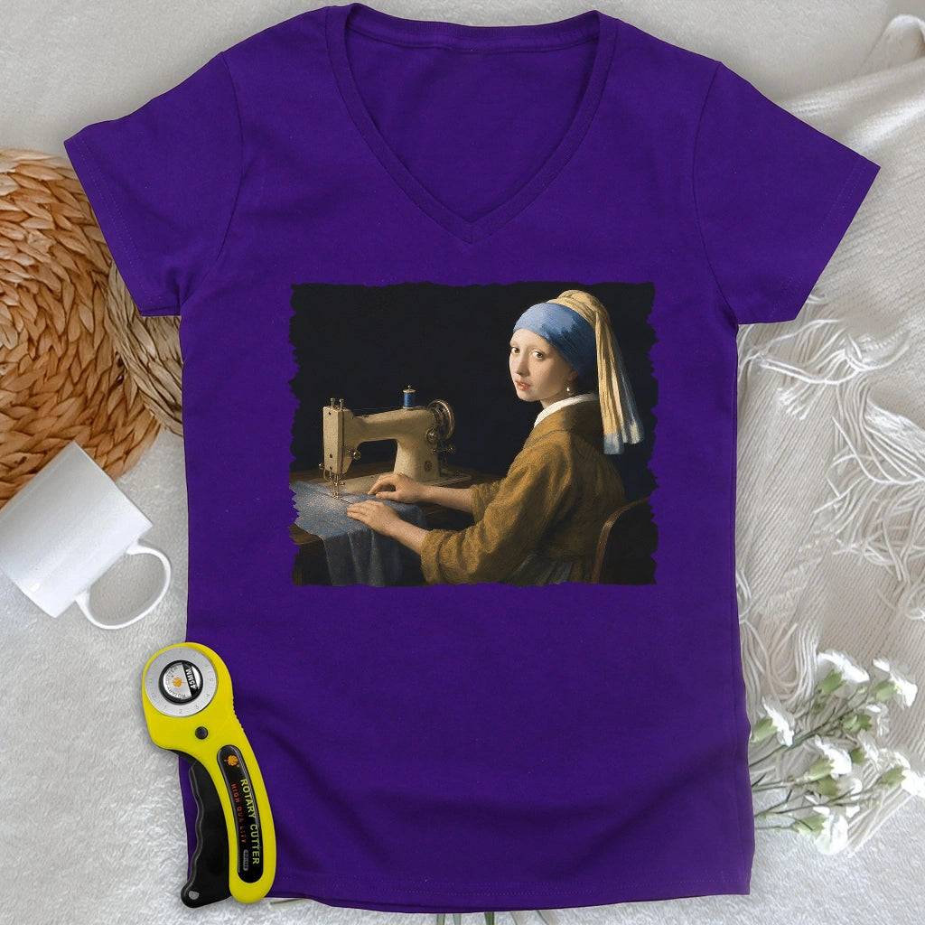 Girl With A Sewing Machine Lady V-neck