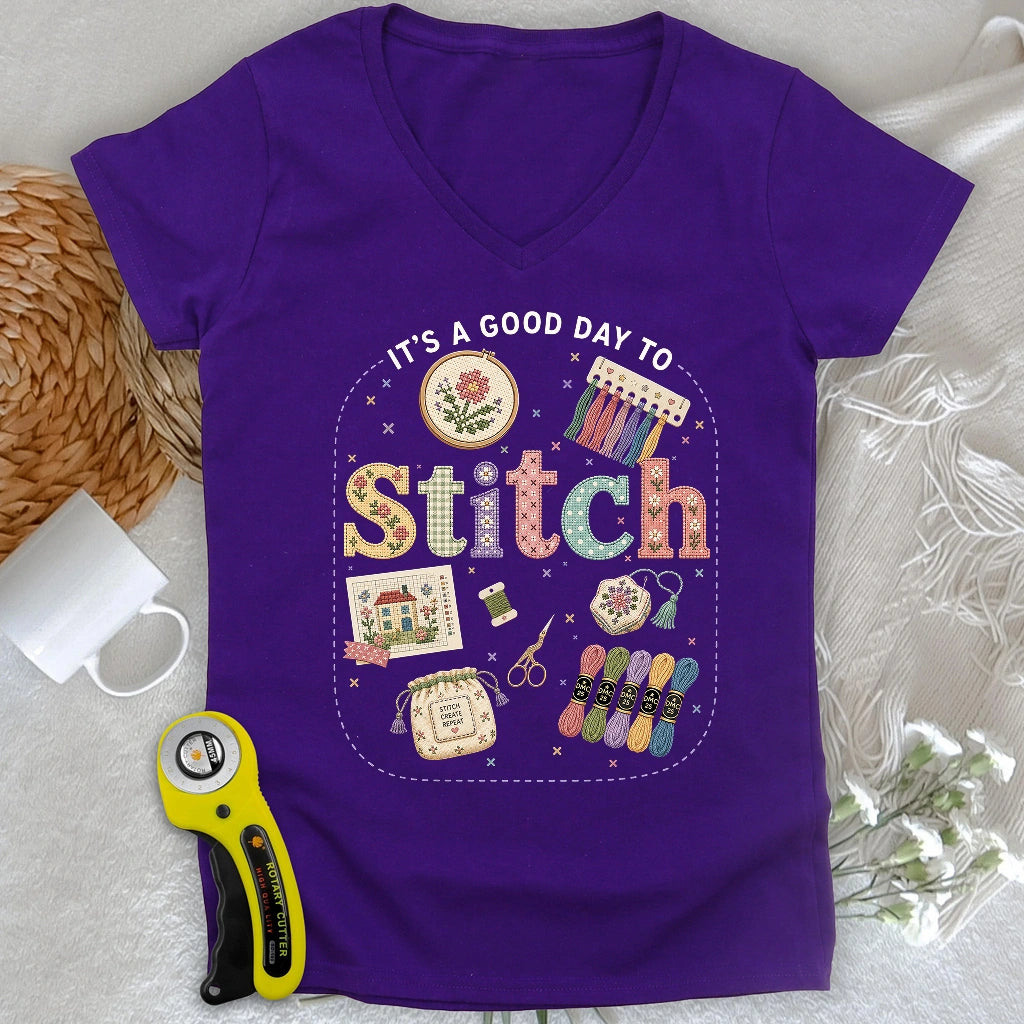 Good Day To Cross Stitch Lady V-neck