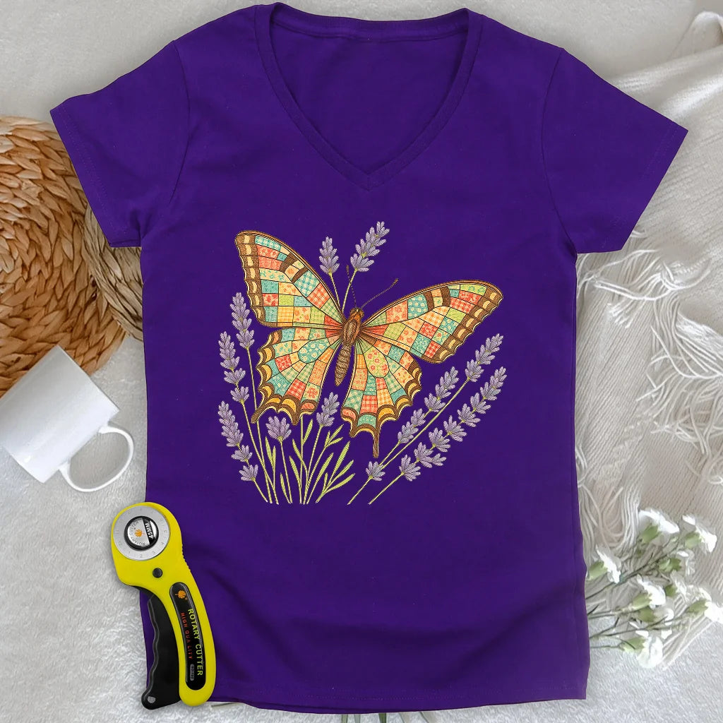 T-shirt papillon patchwork col en V pour femme