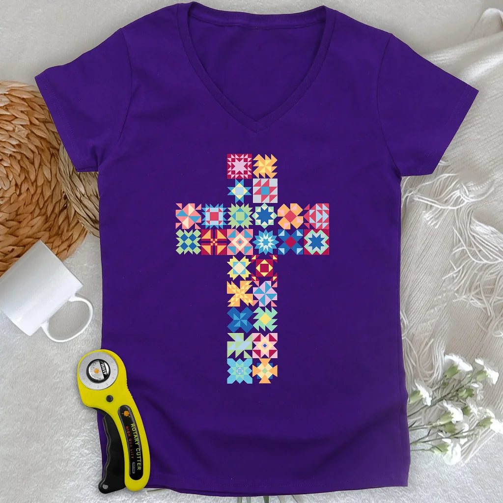 Patchwork Faith Cross Lady V-neck