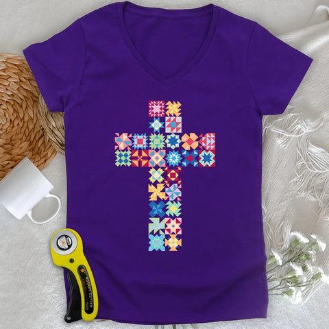 Patchwork Faith Cross Lady V-neck
