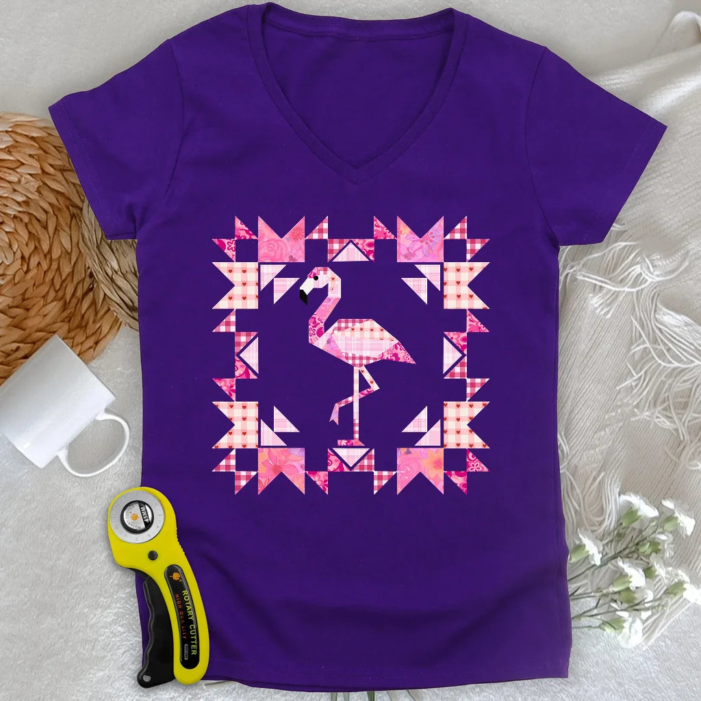 Patchwork Flamingo Panel Damen V-Ausschnitt