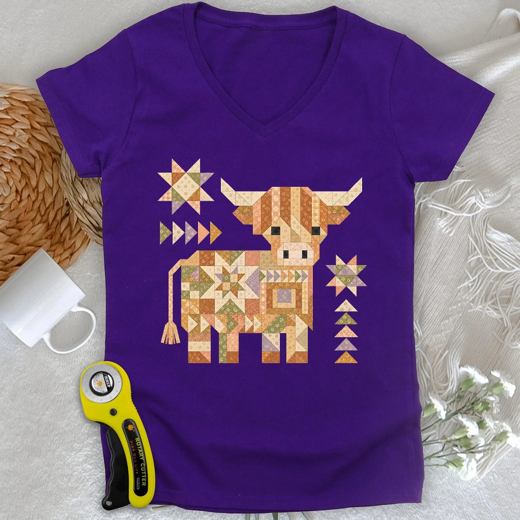 Patchwork Highland Cow Lady V-neck