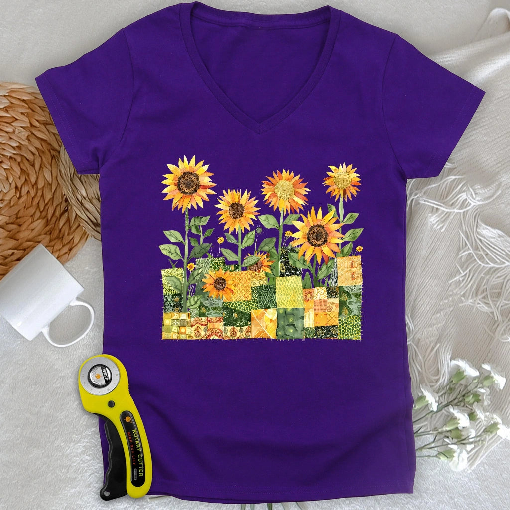Quilted Sunflower Field Lady V-neck