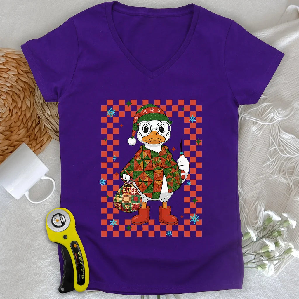 Quilty Christmas Duck Lady V-neck