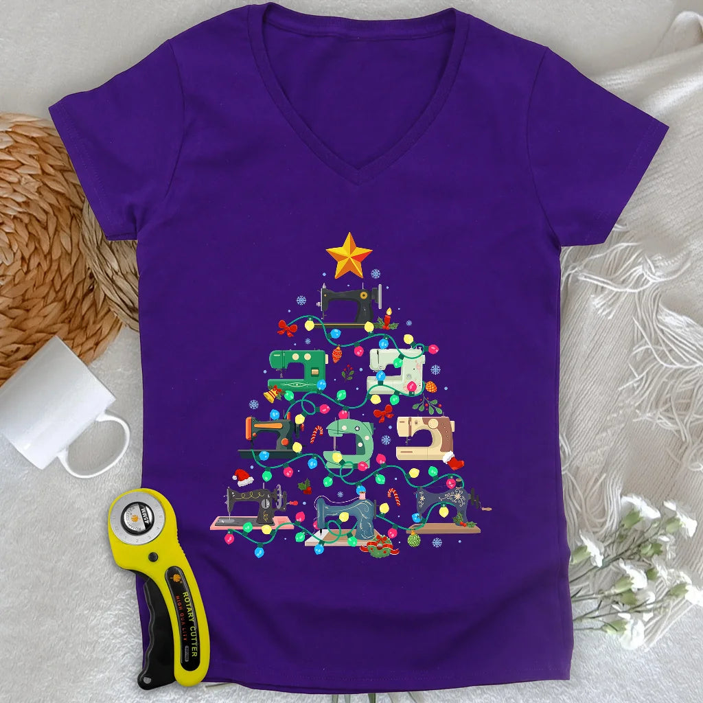 Sewing Christmas Tree Lady V-neck