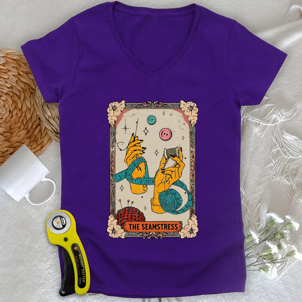 Tarot Card Seamstress Lady V-neck