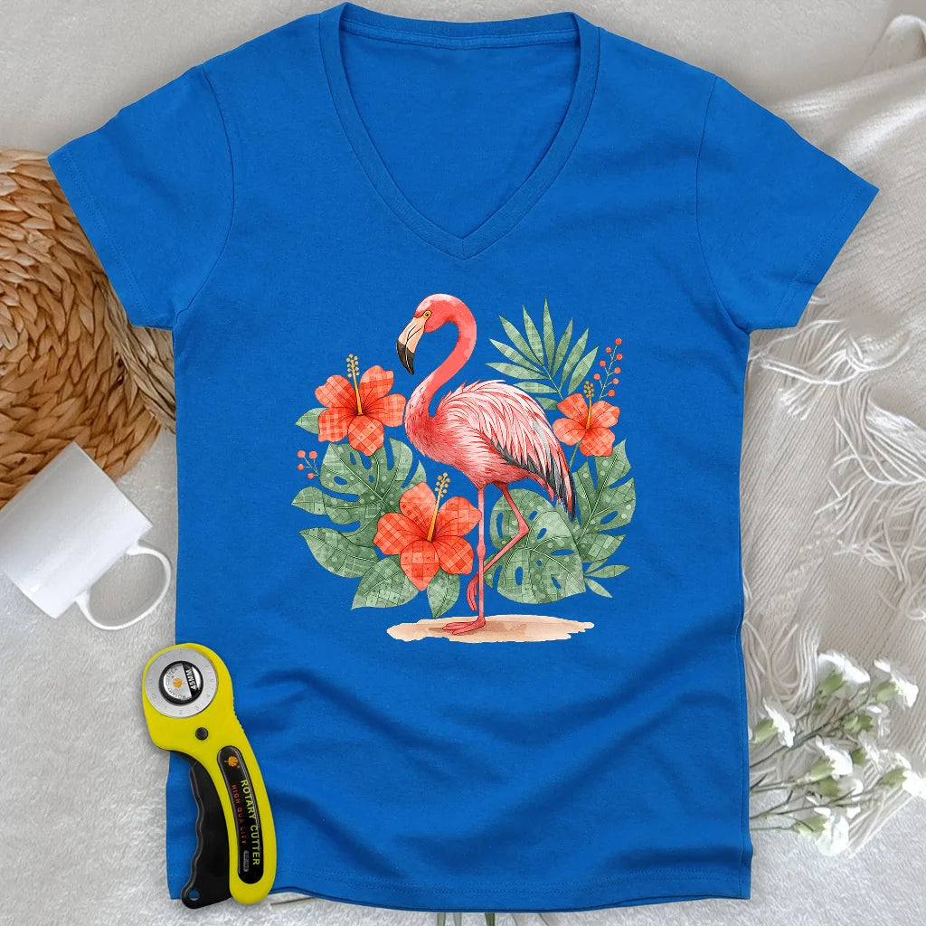 Flamingo- & Blumen-Patchwork-Damen-V-Ausschnitt