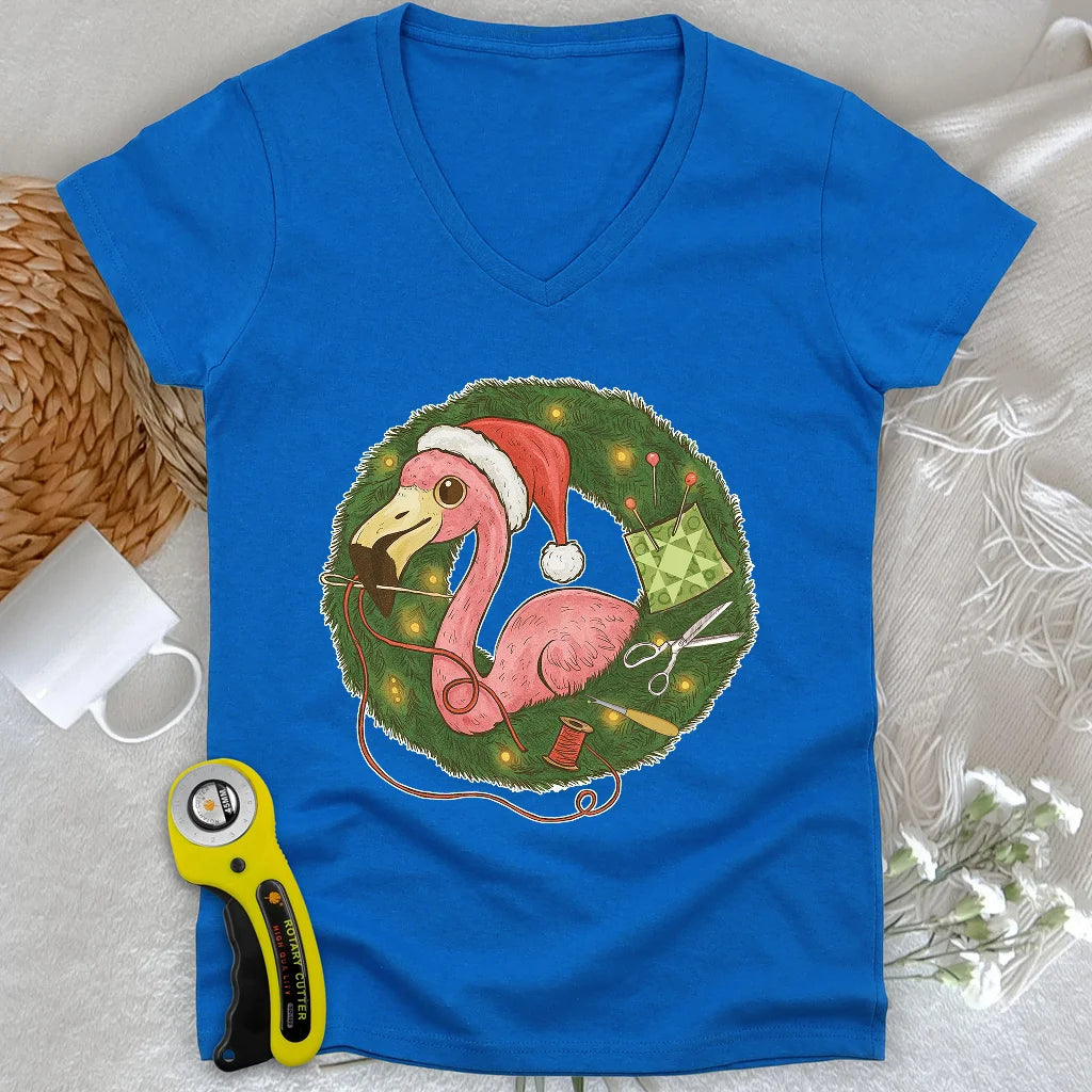 Flamingo's Quiltmas Wreath Lady V-neck