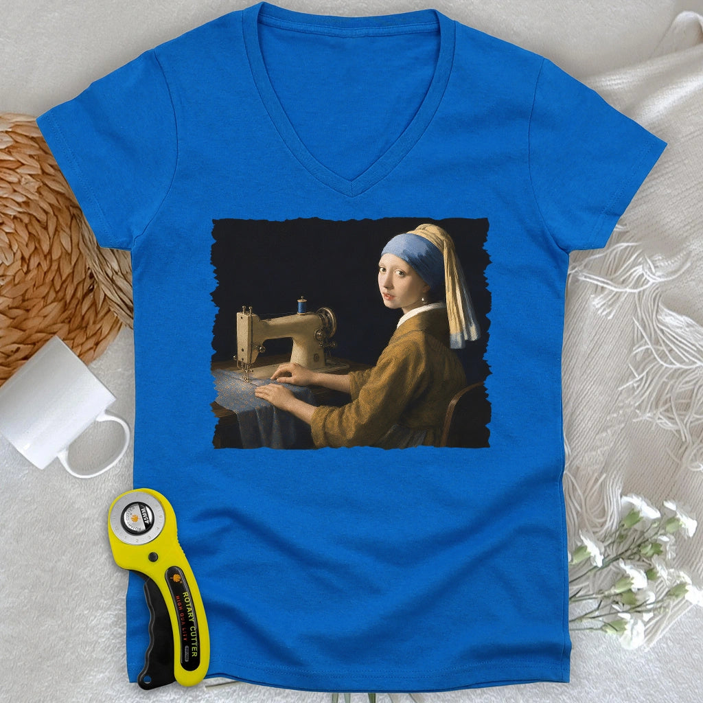 Girl With A Sewing Machine Lady V-neck