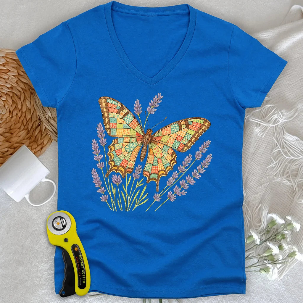 T-shirt papillon patchwork col en V pour femme