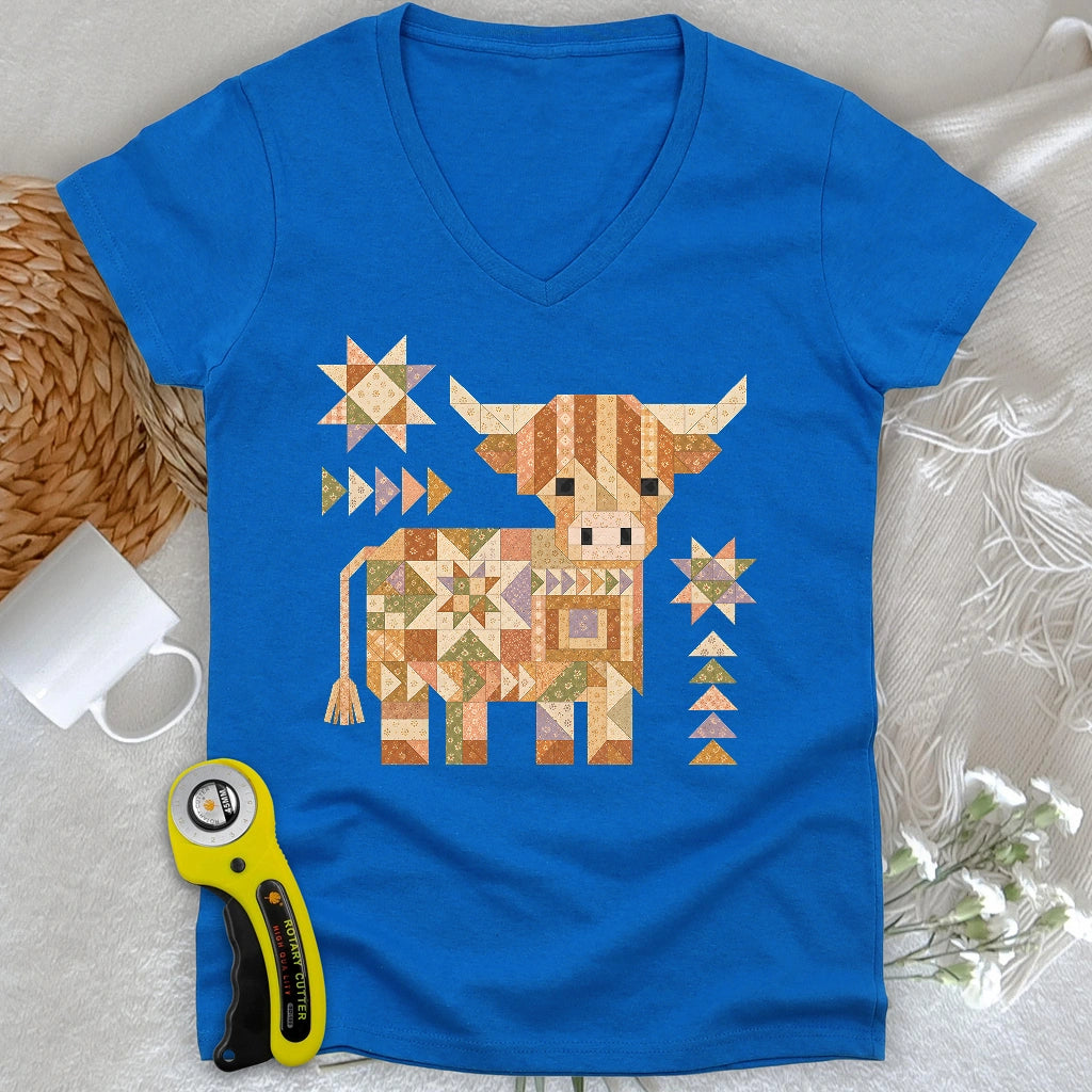 Patchwork Highland Cow Lady V-neck