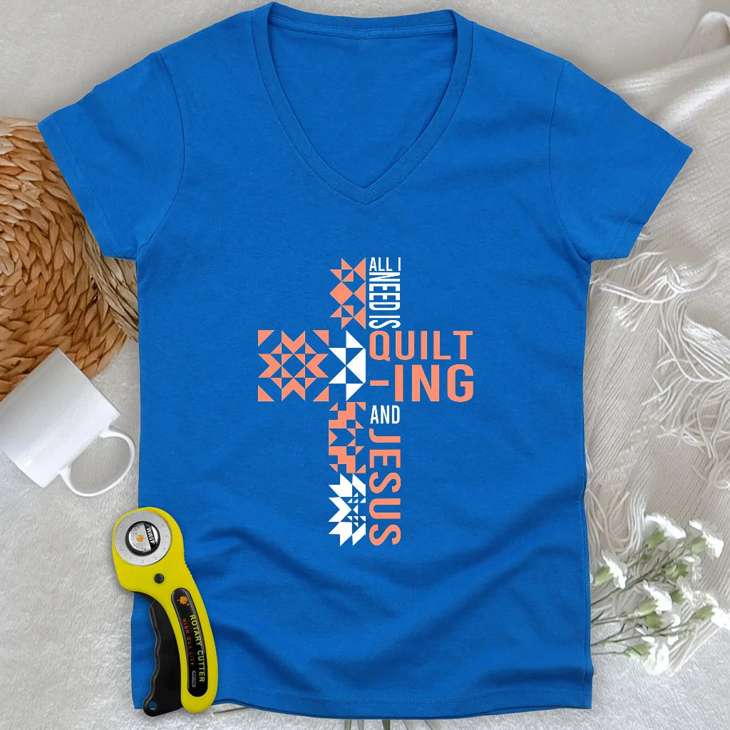 T-shirt col en V « Quilting et Jésus » pour femme