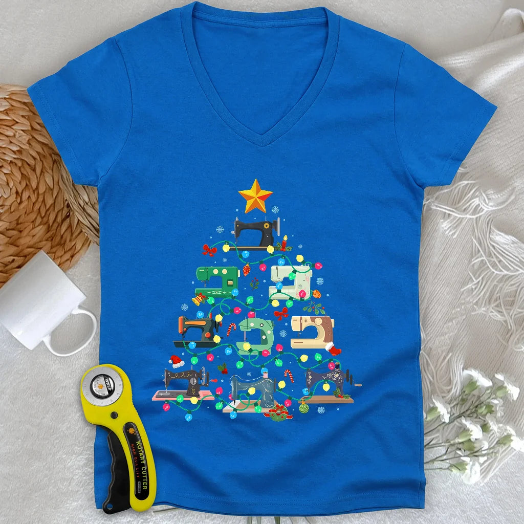 Sewing Christmas Tree Lady V-neck