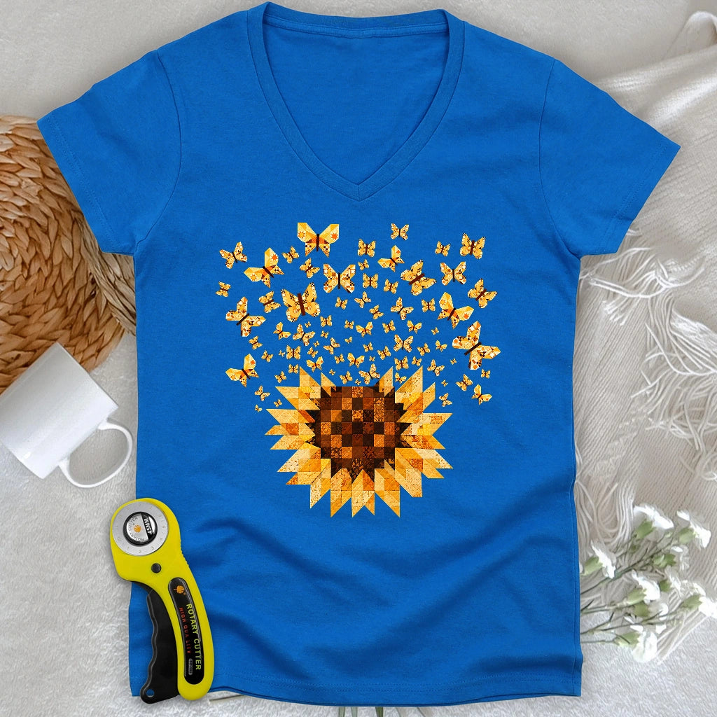 Sunflower Magic Quilt Bloom Lady V-neck