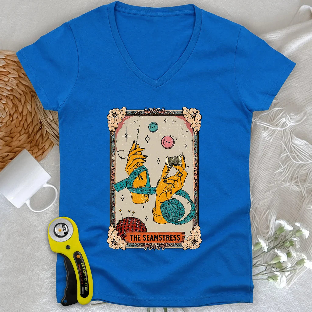 Tarot Card Seamstress Lady V-neck